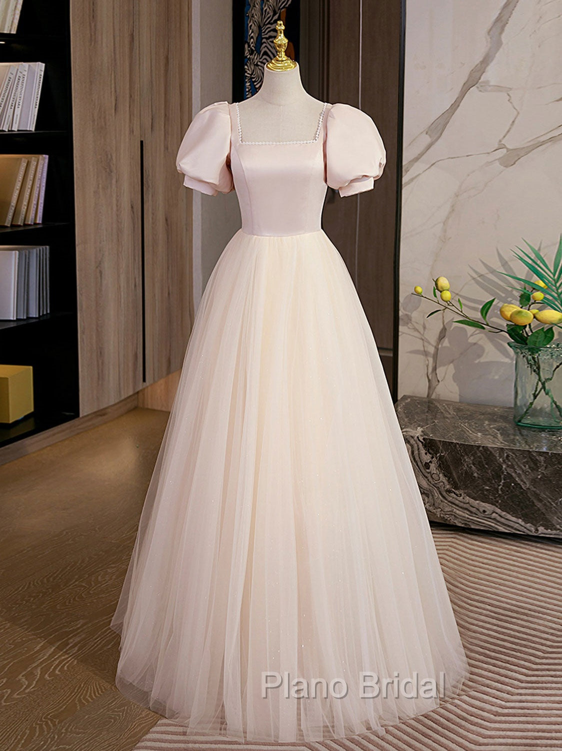 Champagne Tulle A Line Long Formal Prom Dresses, Champagne Formal Graduation Dresses