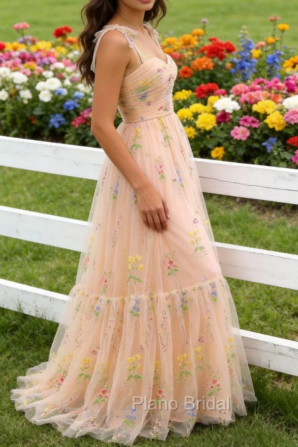 Champagne Tulle A Line Spaghetti Straps Ruched Long Prom Dress with Embroidery
