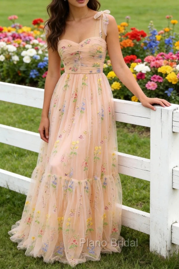 Champagne Tulle A Line Spaghetti Straps Ruched Long Prom Dress with Embroidery
