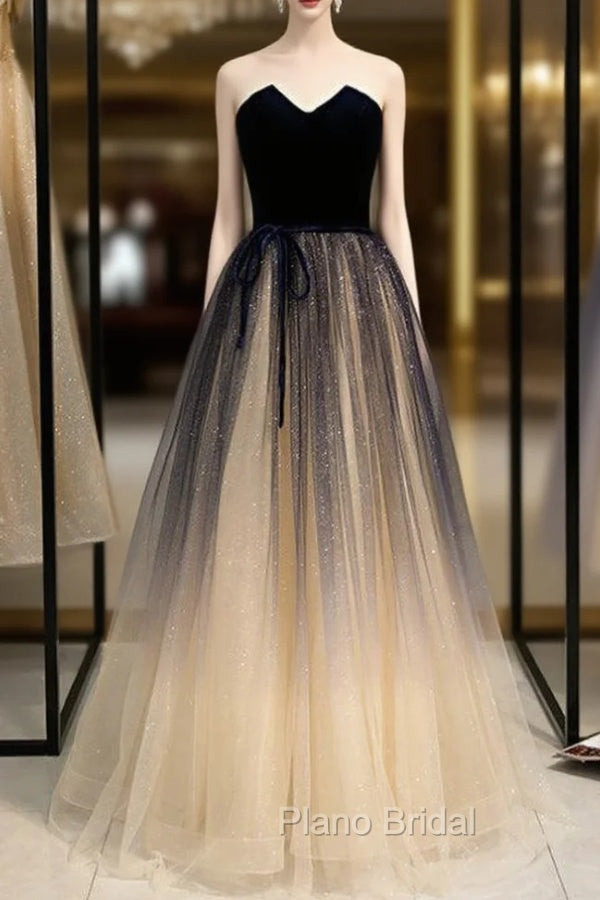 Champagne Tulle And Navy Blue Velvet Strapless Formal Prom Dresses Main image