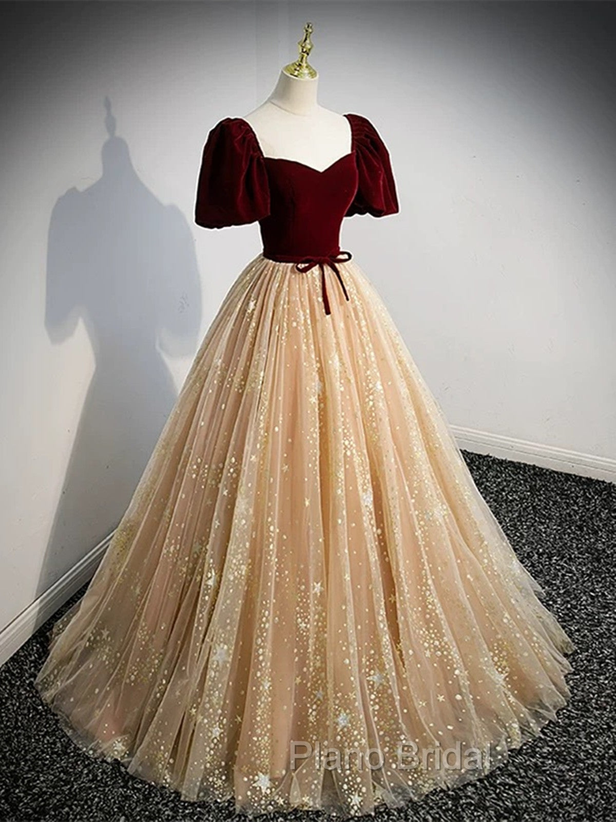 Champagne Tulle and Velvet Long Party Dresses, Short Sleeves Formal Prom Dresses Secondary image