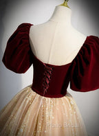 Champagne Tulle and Velvet Long Party Dresses, Short Sleeves Formal Prom Dresses