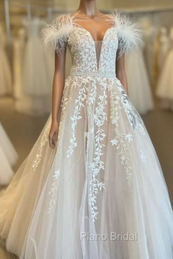 Champagne Tulle Appliques Feather Formal Prom Dresses Main image