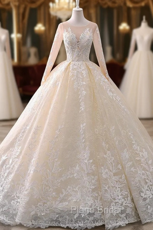 Champagne Tulle Appliques Long Sleeve Beading Wedding Dresses Main image