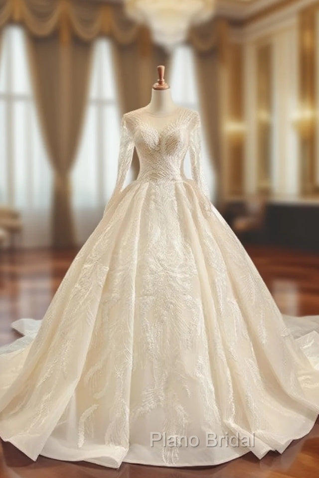 Champagne Tulle Appliques Long Sleeve Luxury Wedding Dresses