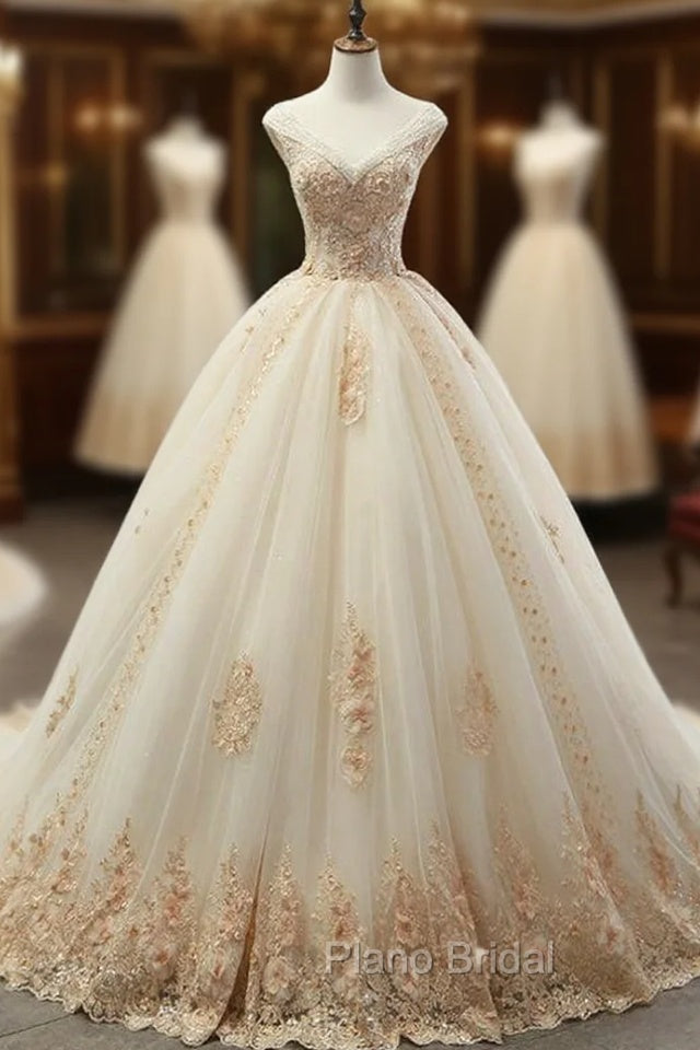 Champagne Tulle Ball Gown Off The Shoulder Appliques Wedding Dresses Main image