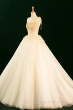 Champagne Tulle Beaded Long Formal Prom Dresses, A-Line Evening Party Dresses