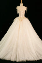 Champagne Tulle Beaded Long Formal Prom Dresses, A-Line Evening Party Dresses