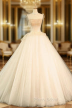 Champagne Tulle Beaded Long Formal Prom Dresses, A-Line Evening Party Dresses