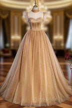 Champagne Tulle Beaded Long Sweet 16 Formal Dresses, Champagne Party Dresses