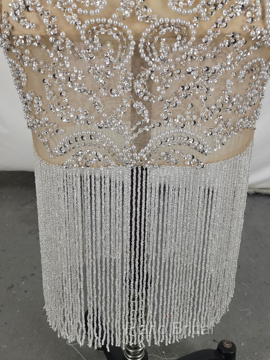 Champagne Tulle Beads Mermaid Short Formal Prom Dresses, Champagne Evening Dresses