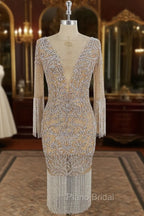 Champagne Tulle Beads Mermaid Short Formal Prom Dresses, Champagne Evening Dresses