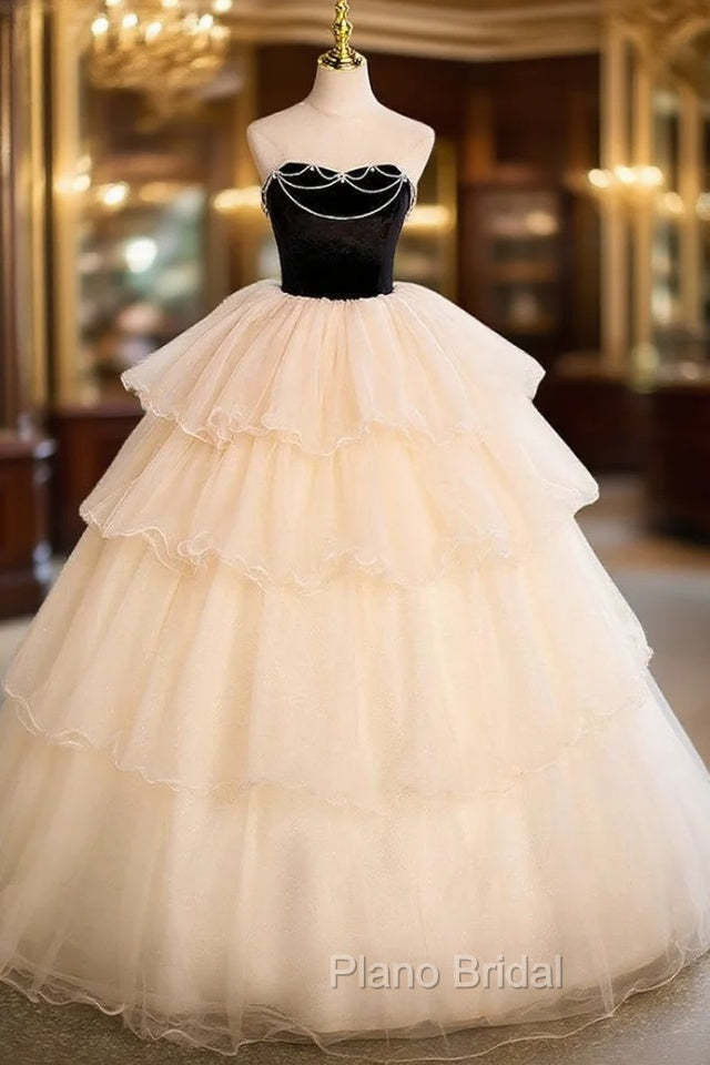 Champagne Tulle Black Velvet Strapless Beading Quinceanera Dresses Main image