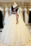 Champagne Tulle Black Velvet V-neck Appliques Quinceanera Dresses