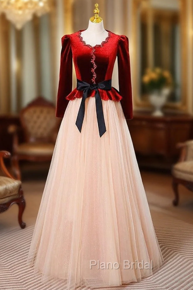 Champagne Tulle Burgundy Velvet Long Sleeve Formal Prom Dresses