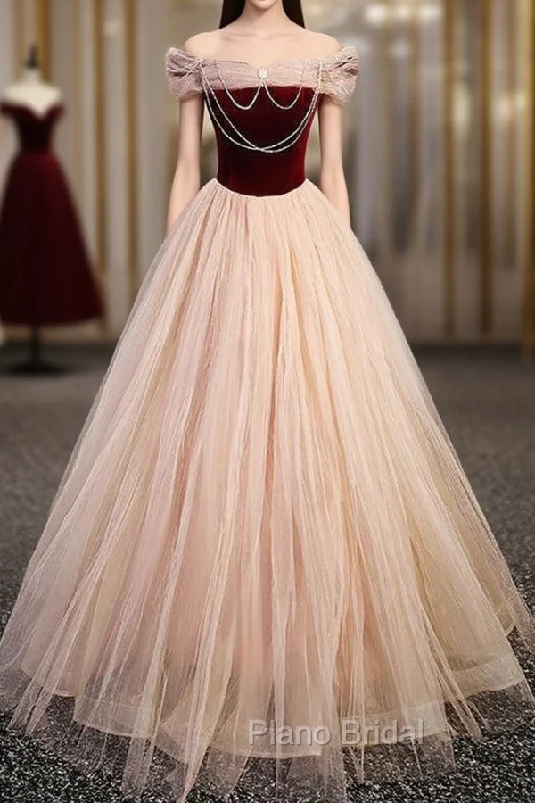 Champagne Tulle Burgundy Velvet Off the Shoulder Formal Prom Dresses