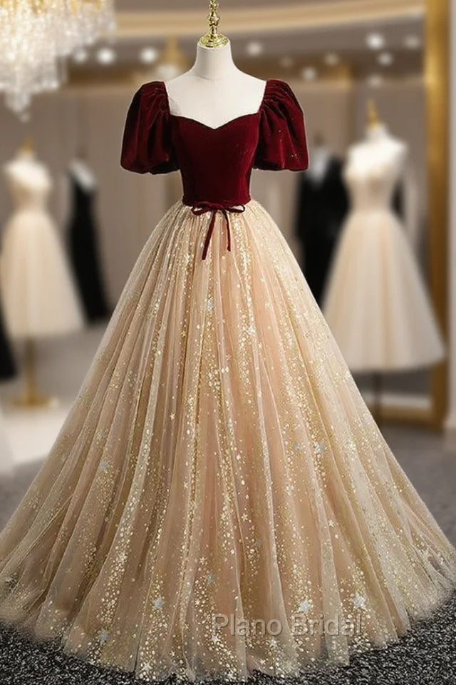 Champagne Tulle Burgundy Velvet Puff Sleeve Formal Prom Dresses Main image