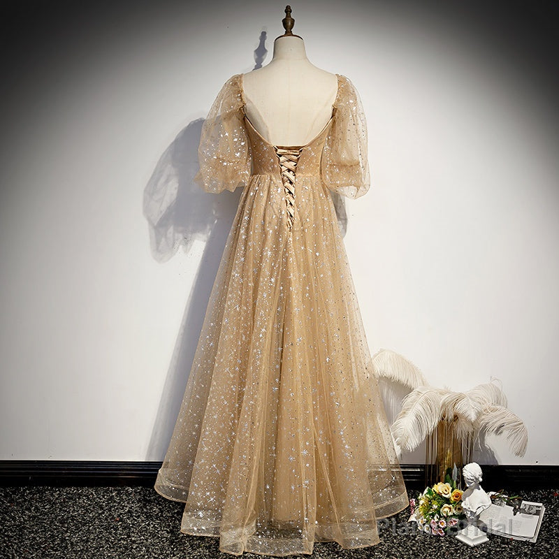 Champagne Tulle Chich Long Puffy Sleeves Party Dress Formal Dress, A-line Tulle Prom Dress Main image