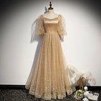 Champagne Tulle Chich Long Puffy Sleeves Party Dress Formal Dress, A-line Tulle Prom Dress