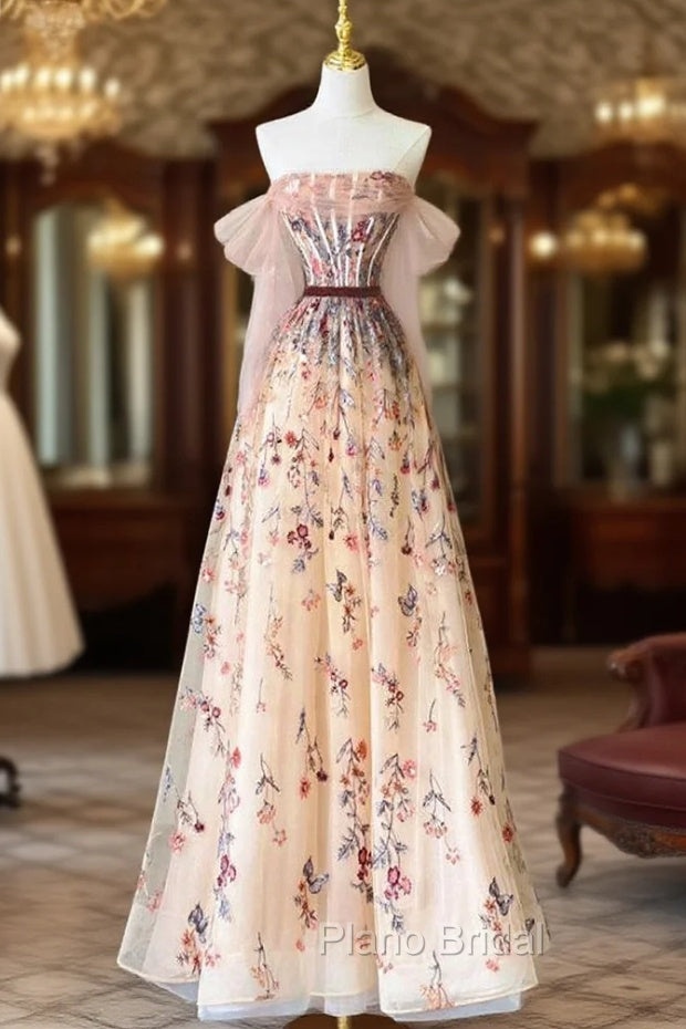 Champagne Tulle Emboidery Flower Formal Prom Dresses Main image