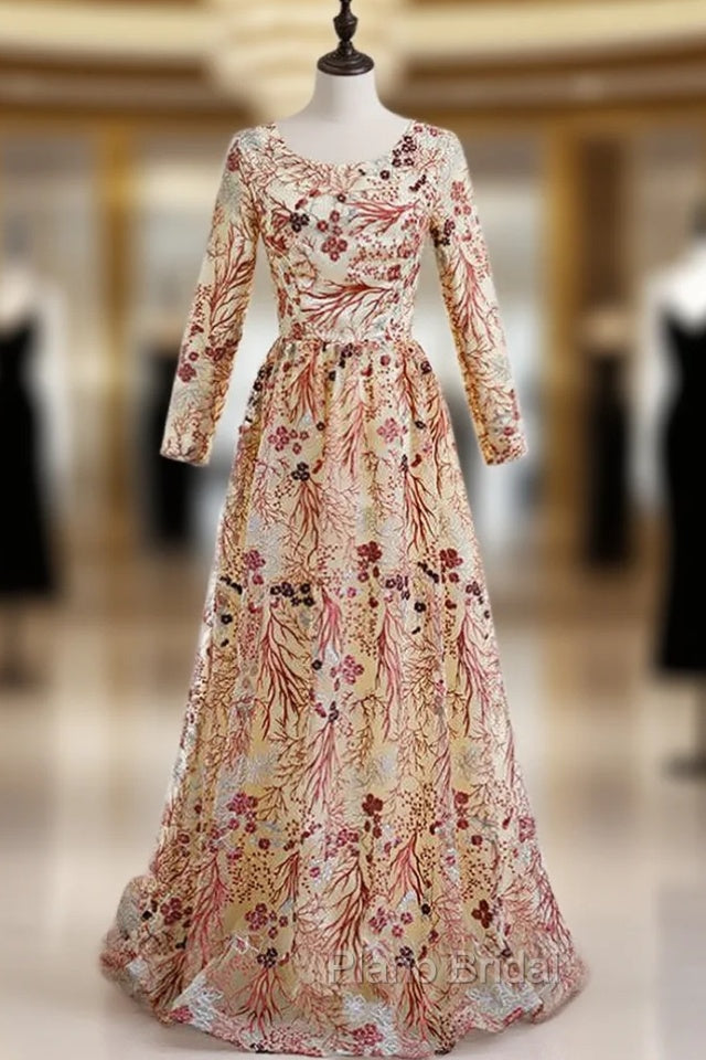 Champagne Tulle Embroidery Long Sleeve Formal Prom Dresses