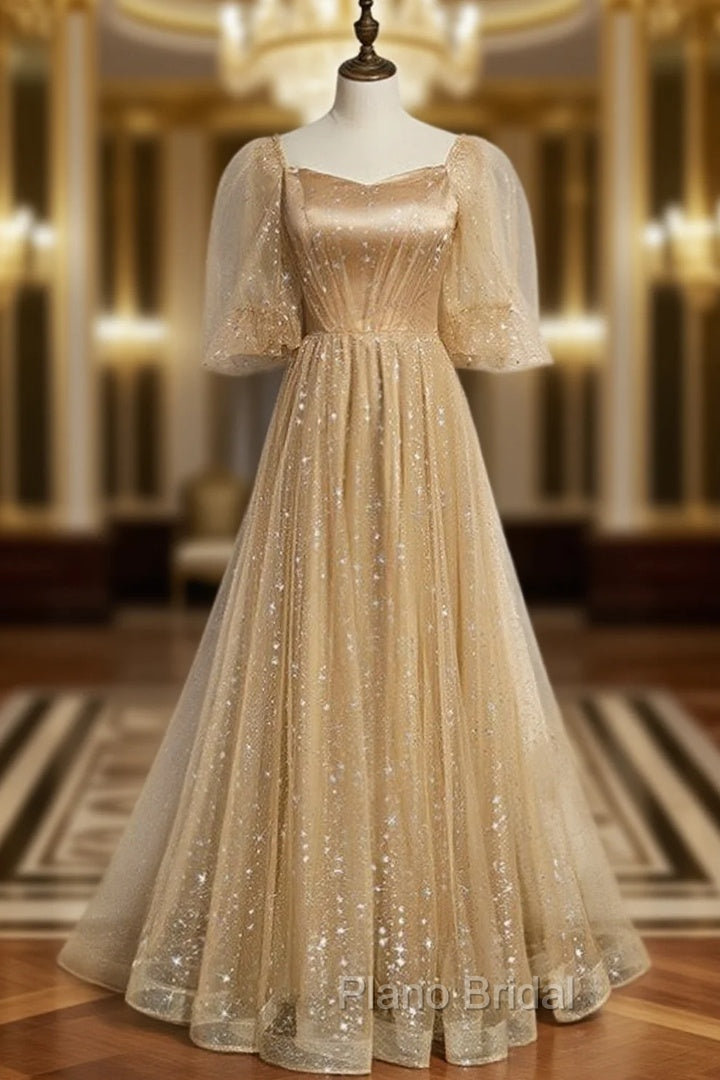 Champagne Tulle Embroidery Puff Sleeve Formal Prom Dresses Main image