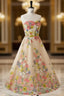 Champagne Tulle Embroidery Strapless Tea Length Formal Prom Dresses