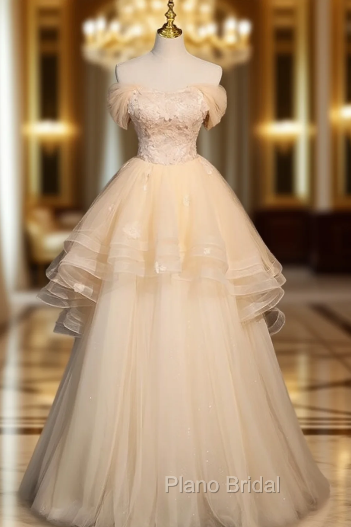 Champagne Tulle Flower Beading Off the Shoulder Formal Prom Dresses