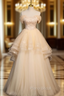 Champagne Tulle Flower Beading Off the Shoulder Formal Prom Dresses