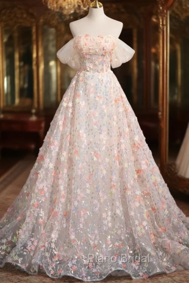 Champagne Tulle Flowers Sequins Off the Shoulder Formal Prom Dresses