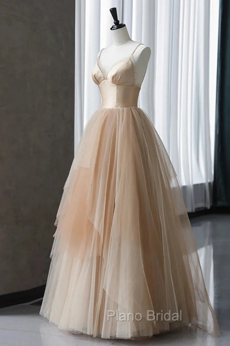 Champagne Tulle Gradient Tulle Straps Long Evening Dresses, Charming Formal Gown Secondary image