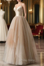 Champagne Tulle Gradient Tulle Straps Long Evening Dresses, Charming Formal Gown