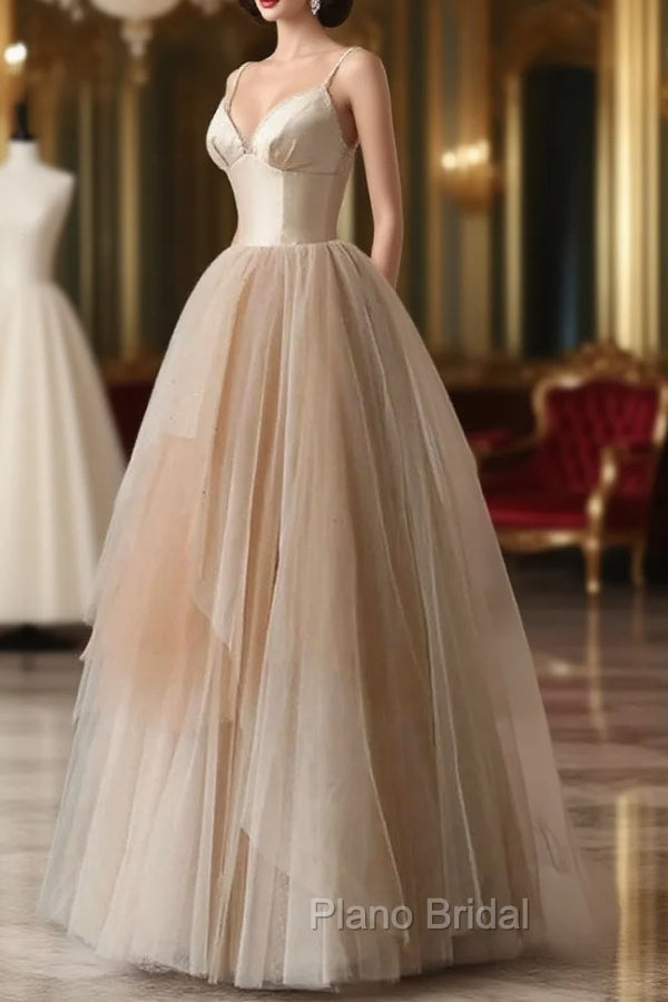 Champagne Tulle Gradient Tulle Straps Long Evening Dresses, Charming Formal Gown