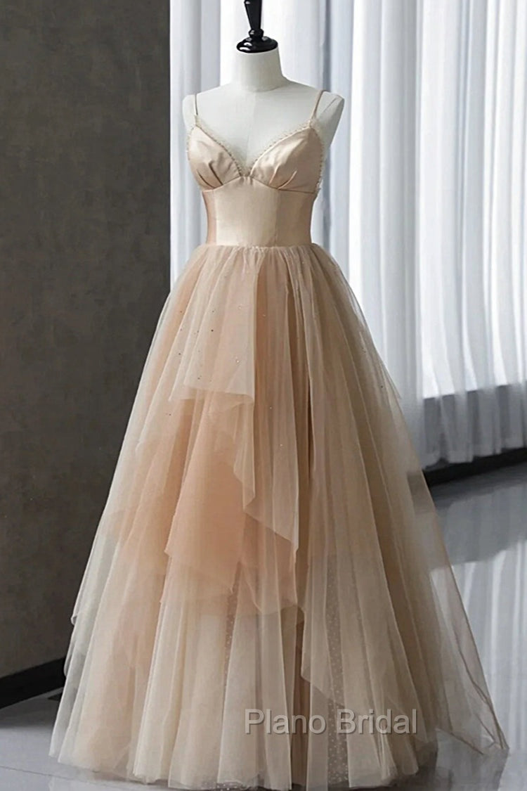 Champagne Tulle Gradient Tulle Straps Long Evening Dresses, Charming Formal Gown Main image