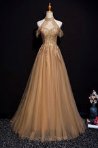 Champagne Tulle Halter Long Party Dresses, A-Line Formal Gown