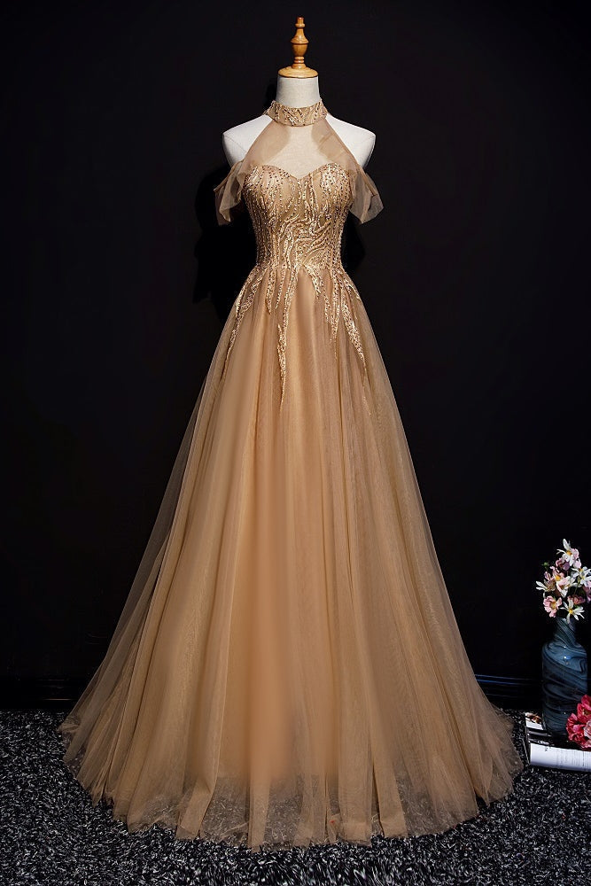Champagne Tulle Halter Long Party Dresses, A-Line Formal Gown