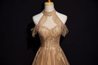 Champagne Tulle Halter Long Party Dresses, A-Line Formal Gown