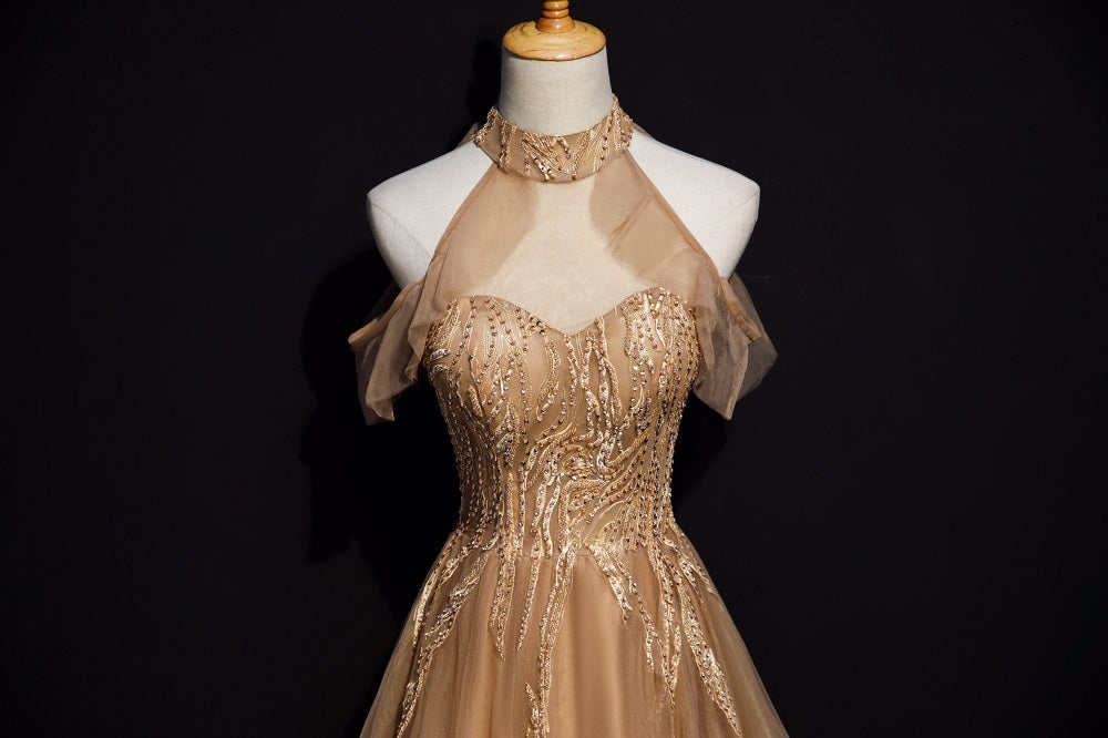 Champagne Tulle Halter Long Party Dresses, A-Line Formal Gown