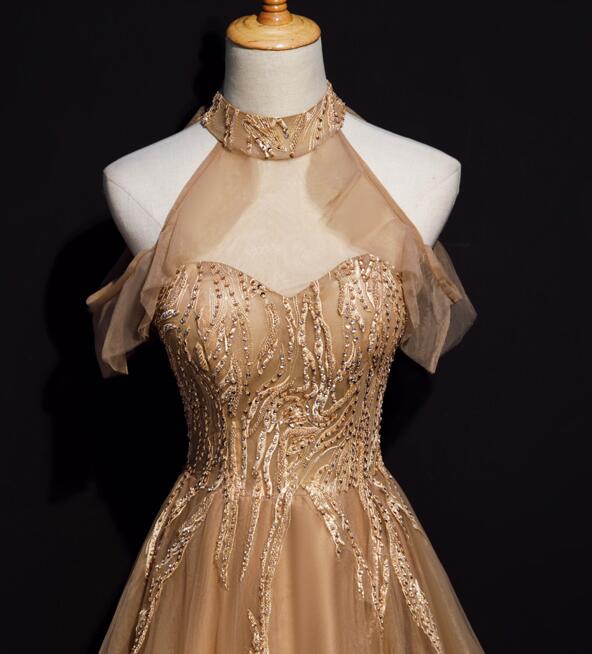 Champagne Tulle Halter Long Party Dresses, A-Line Formal Gown