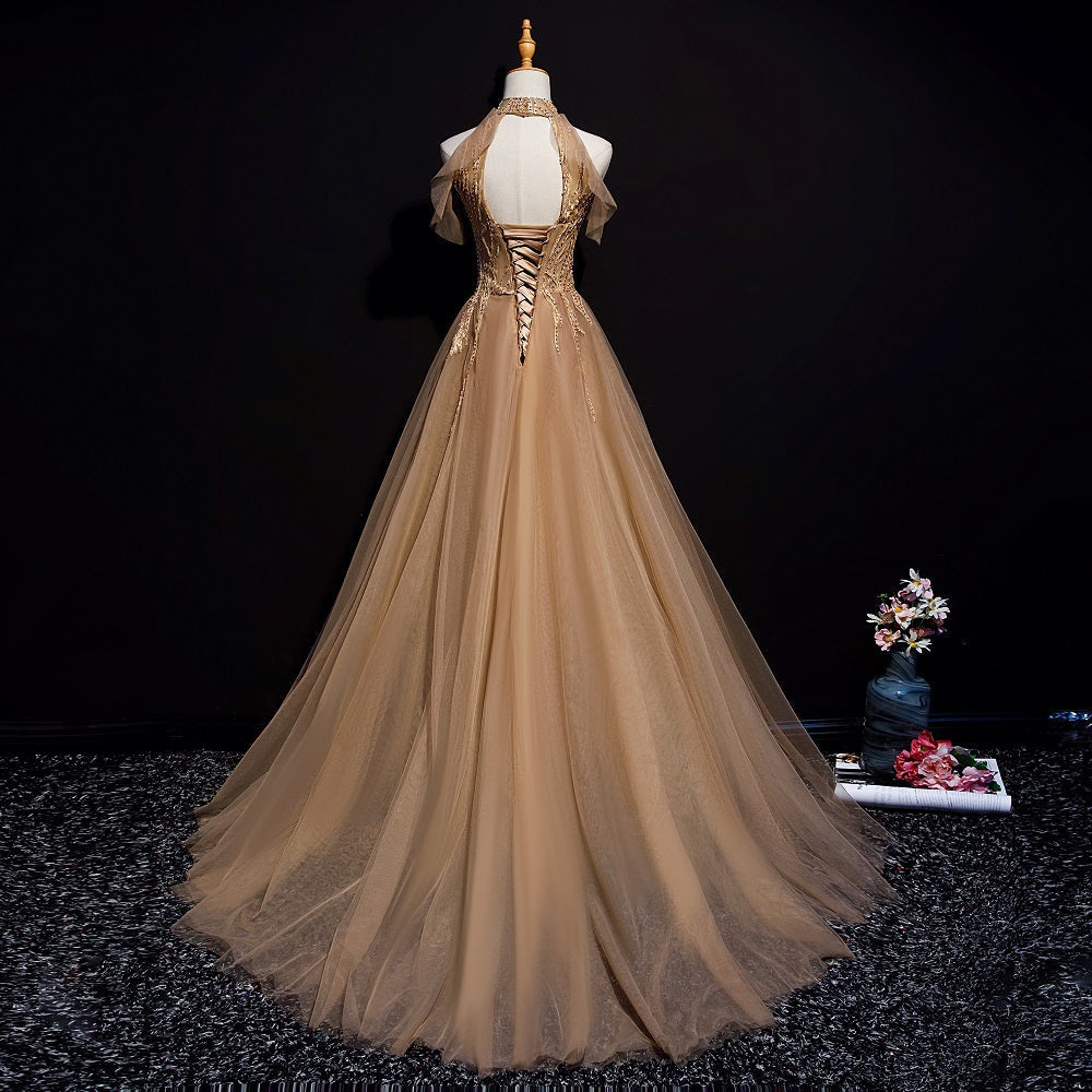 Champagne Tulle Halter Long Party Dresses, A-Line Formal Gown