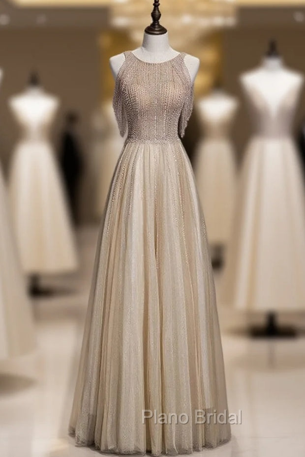 Champagne Tulle Hand Work Beading Long Formal Prom Dresses Main image