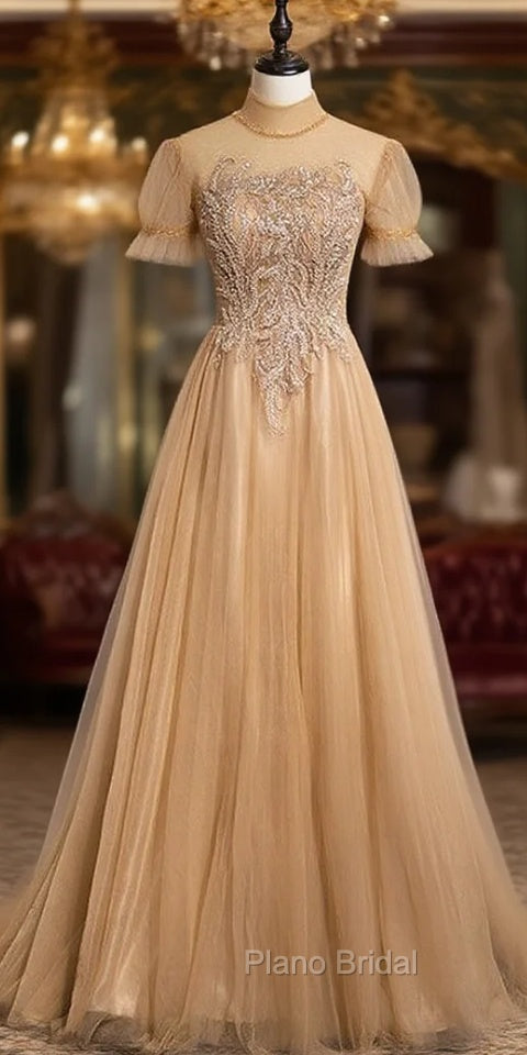 Champagne Tulle High Neck Backless Formal Prom Dresses Main image