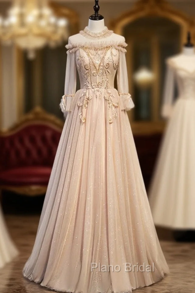 Champagne Tulle High Neck Long Sleeve Beading Formal Prom Dresses Main image