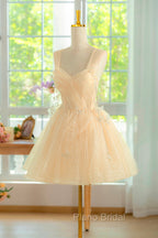 Champagne Tulle Knee Length Formal Prom Dresses, Lovely A-Line Party Homecoming Dresses