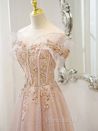 Champagne Tulle Lace A line Long Formal Prom Dresses, Lace Champagne Evening Dresses