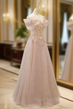Champagne Tulle Lace A line Long Formal Prom Dresses, Lace Champagne Evening Dresses