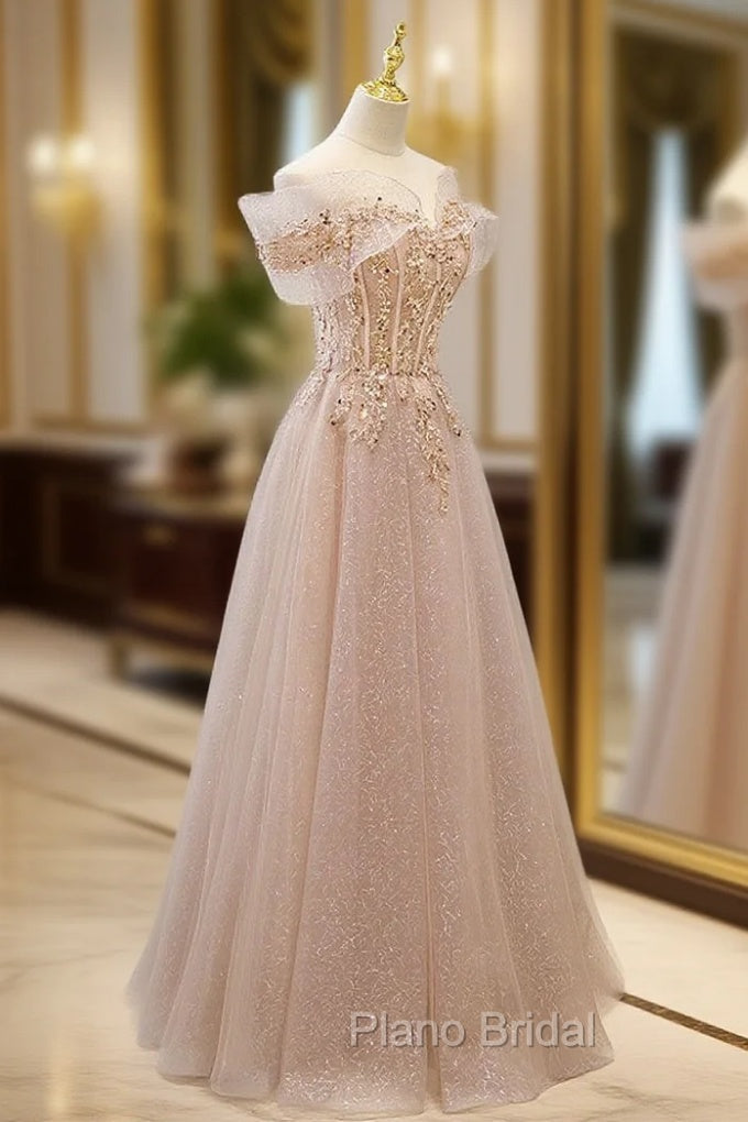 Champagne Tulle Lace A line Long Formal Prom Dresses, Lace Champagne Evening Dresses Main image