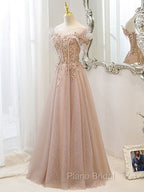 Champagne Tulle Lace A line Long Formal Prom Dresses, Lace Champagne Evening Dresses