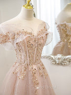 Champagne Tulle Lace A line Long Formal Prom Dresses, Lace Champagne Evening Dresses