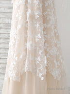 Champagne Tulle Lace Applique Long Prom Dress Champagne Evening Dress